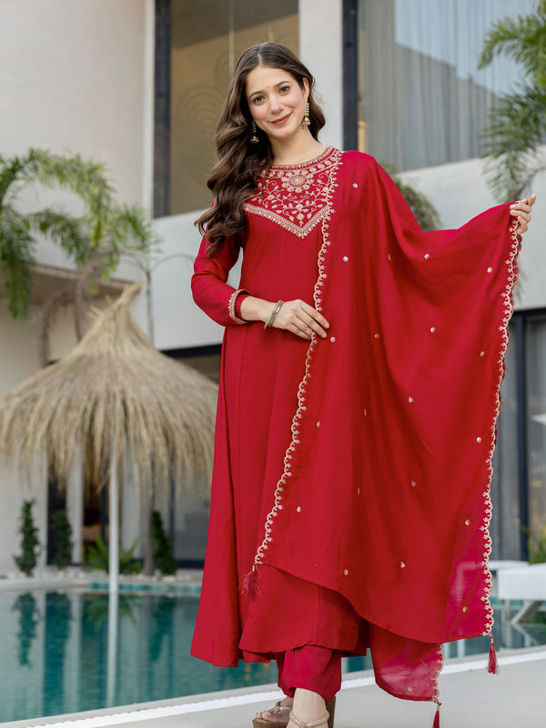 Women's Vichitra Silk Embroidered Kurta Pant Dupatta Set