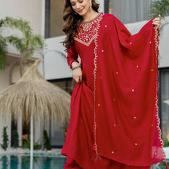 Women's Vichitra Silk Embroidered Kurta Pant Dupatta Set