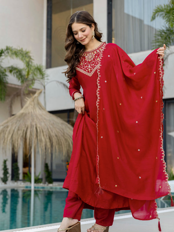 Women's Vichitra Silk Embroidered Kurta Pant Dupatta Set