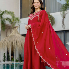 Women's Vichitra Silk Embroidered Kurta Pant Dupatta Set