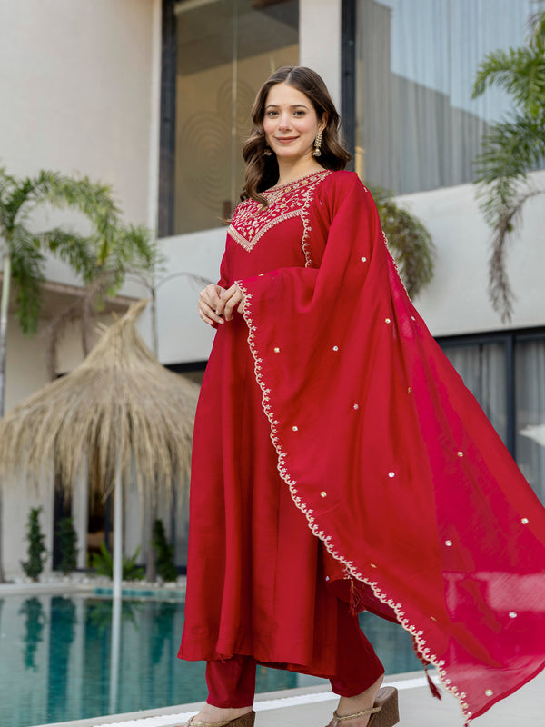 Women's Vichitra Silk Embroidered Kurta Pant Dupatta Set