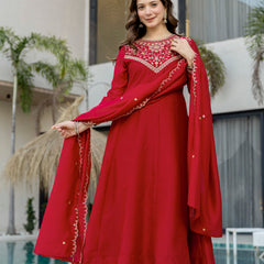 Women's Vichitra Silk Embroidered Kurta Pant Dupatta Set