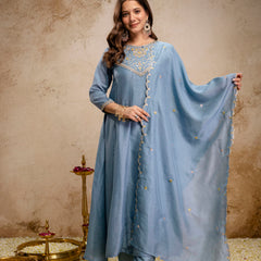 Women's Vichitra Silk Embroidered Kurta Pant Dupatta Set