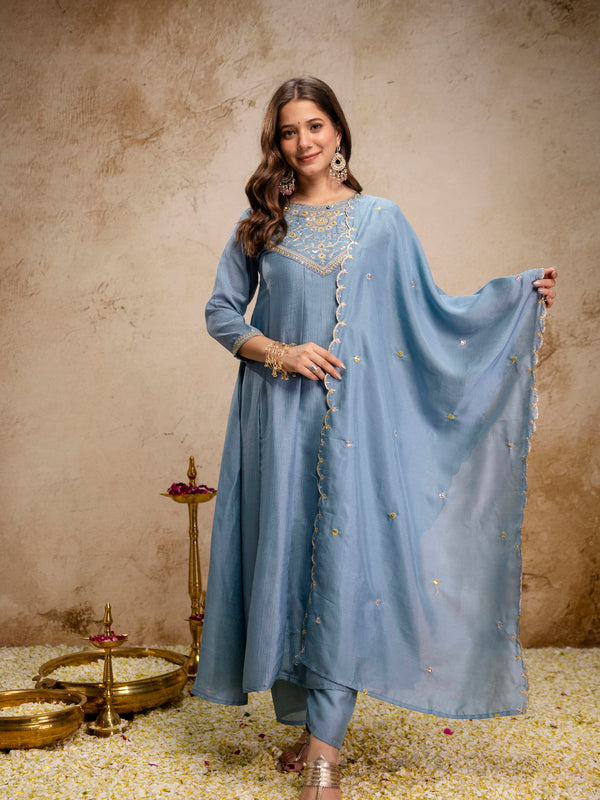 Women's Vichitra Silk Embroidered Kurta Pant Dupatta Set