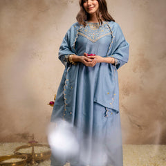 Women's Vichitra Silk Embroidered Kurta Pant Dupatta Set