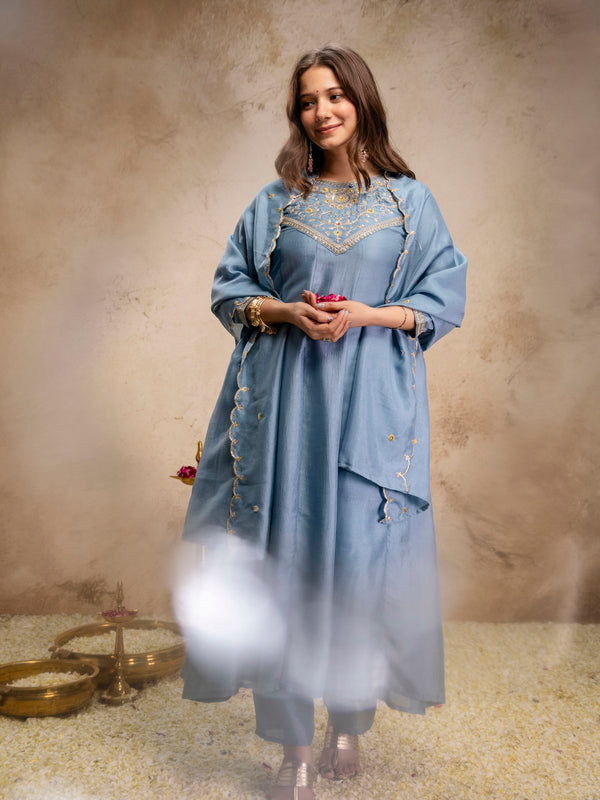 Women's Vichitra Silk Embroidered Kurta Pant Dupatta Set