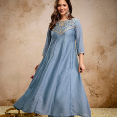 Women's Vichitra Silk Embroidered Kurta Pant Dupatta Set