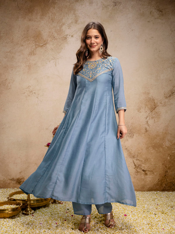 Women's Vichitra Silk Embroidered Kurta Pant Dupatta Set