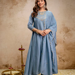 Women's Vichitra Silk Embroidered Kurta Pant Dupatta Set