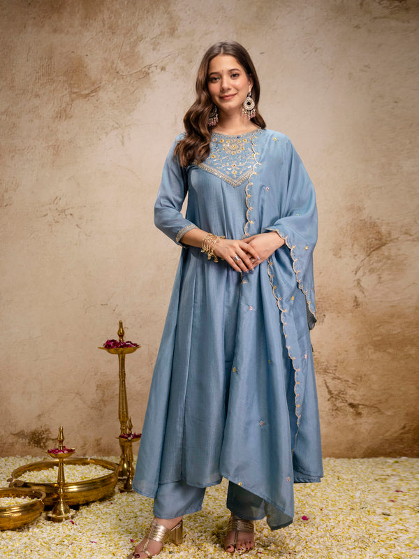 Women's Vichitra Silk Embroidered Kurta Pant Dupatta Set