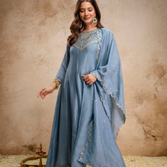 Women's Vichitra Silk Embroidered Kurta Pant Dupatta Set