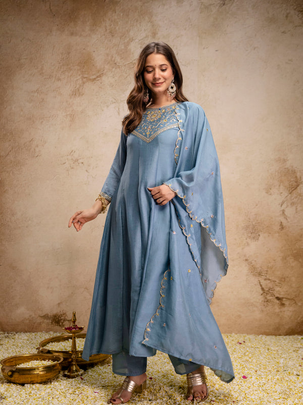 Women's Vichitra Silk Embroidered Kurta Pant Dupatta Set