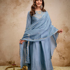 Women's Vichitra Silk Embroidered Kurta Pant Dupatta Set