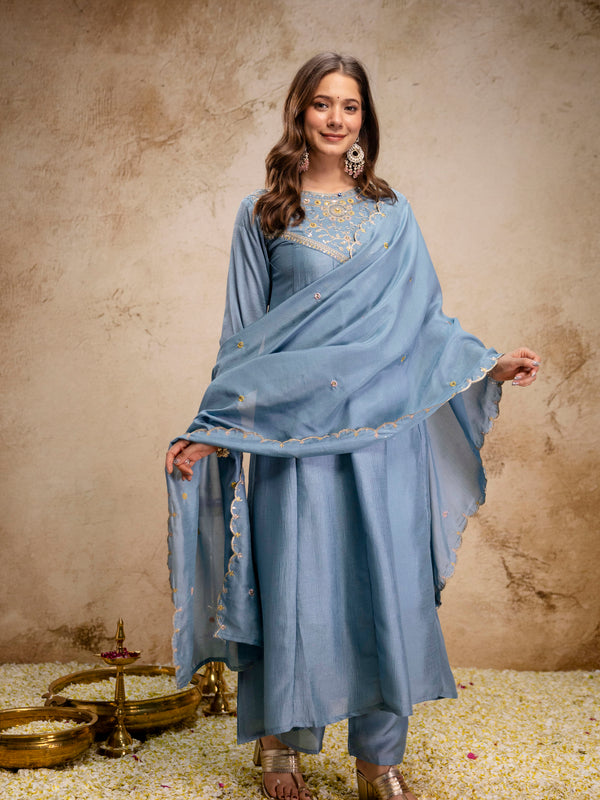 Women's Vichitra Silk Embroidered Kurta Pant Dupatta Set
