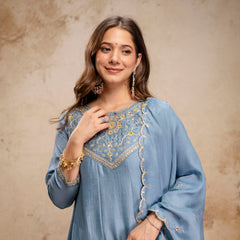 Women's Vichitra Silk Embroidered Kurta Pant Dupatta Set