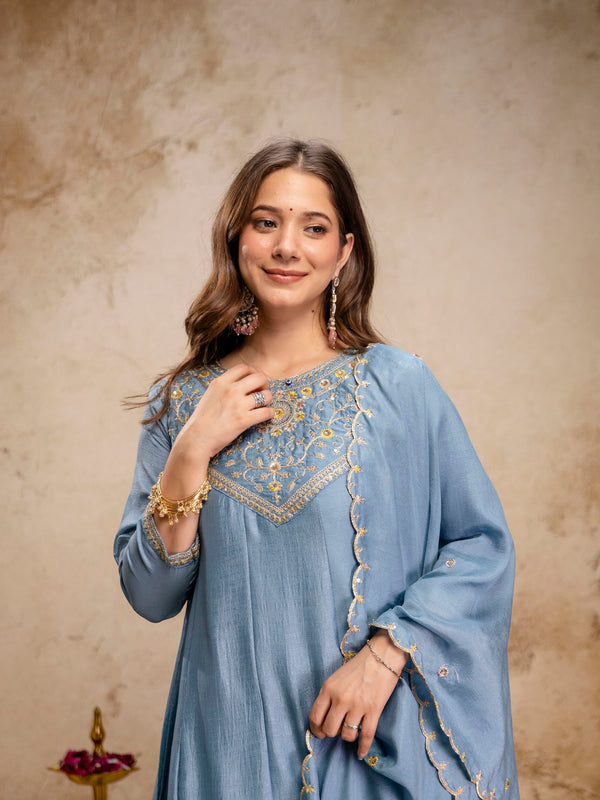 Women's Vichitra Silk Embroidered Kurta Pant Dupatta Set