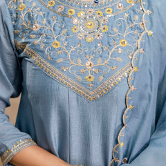 Women's Vichitra Silk Embroidered Kurta Pant Dupatta Set