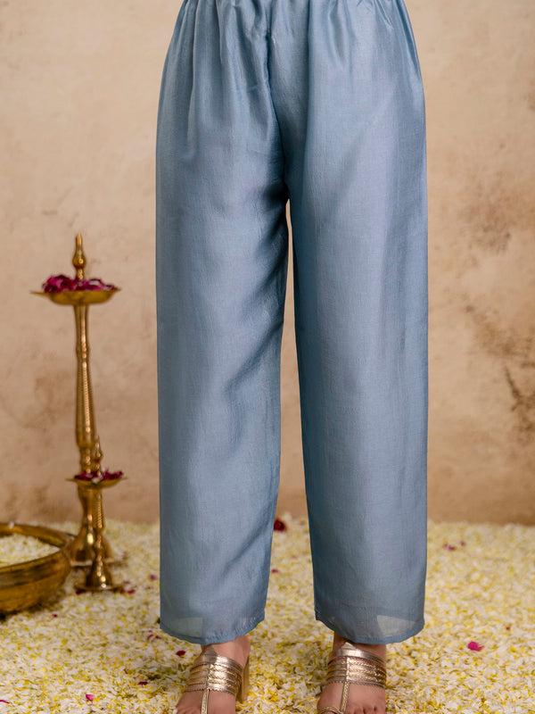 Women's Vichitra Silk Embroidered Kurta Pant Dupatta Set