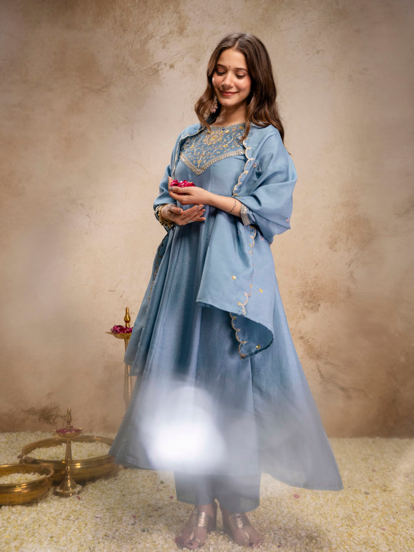 Women's Vichitra Silk Embroidered Kurta Pant Dupatta Set