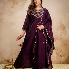 Women's Vichitra Silk Embroidered Kurta Pant Dupatta Set
