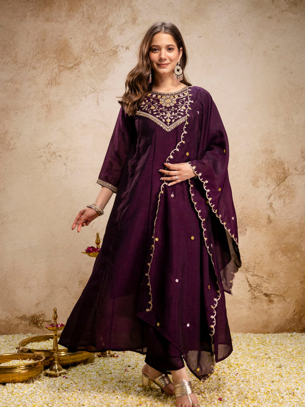 Women's Vichitra Silk Embroidered Kurta Pant Dupatta Set
