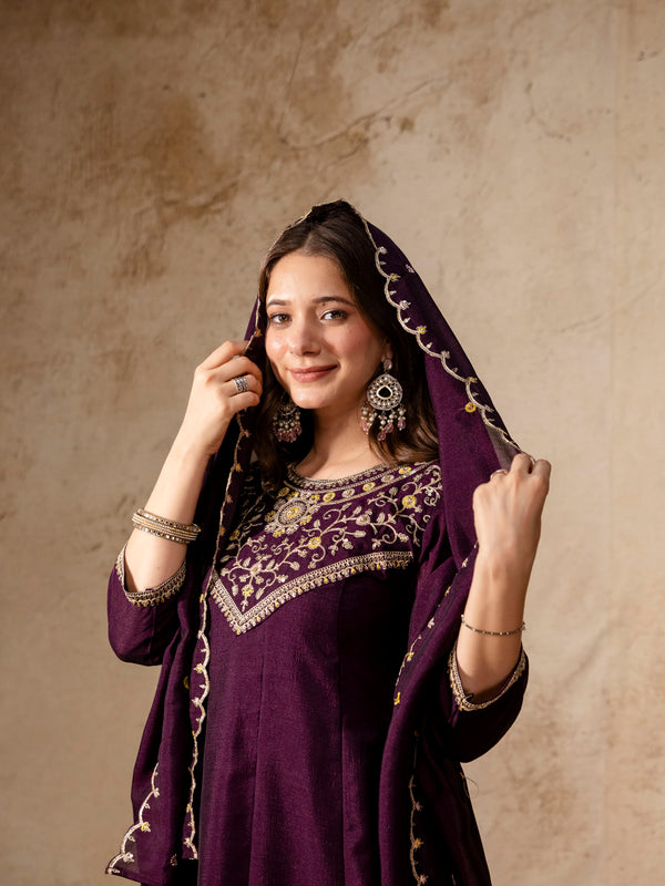 Women's Vichitra Silk Embroidered Kurta Pant Dupatta Set