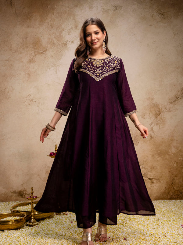 Women's Vichitra Silk Embroidered Kurta Pant Dupatta Set