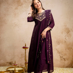 Women's Vichitra Silk Embroidered Kurta Pant Dupatta Set