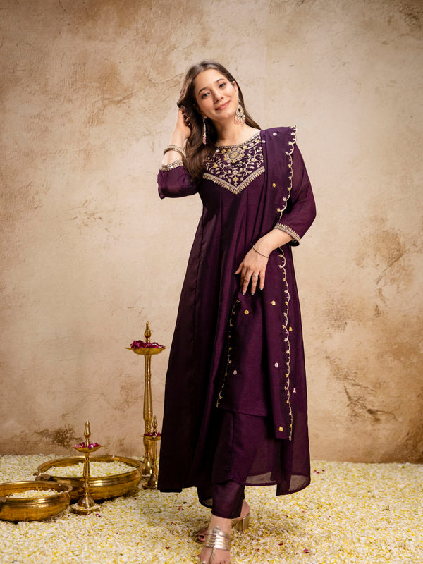 Women's Vichitra Silk Embroidered Kurta Pant Dupatta Set