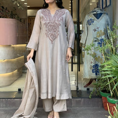 Women's Muslin Cotton Embroidered Flared Kurta Pant & Dupatta Set