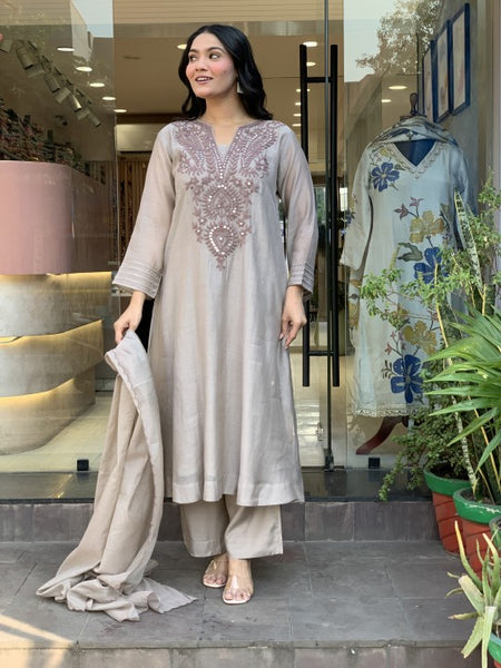 Women's Muslin Cotton Embroidered Flared Kurta Pant & Dupatta Set