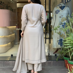 Women's Muslin Cotton Embroidered Flared Kurta Pant & Dupatta Set