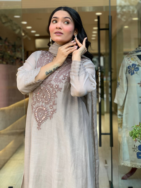 Women's Muslin Cotton Embroidered Flared Kurta Pant & Dupatta Set