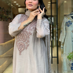 Women's Muslin Cotton Embroidered Flared Kurta Pant & Dupatta Set