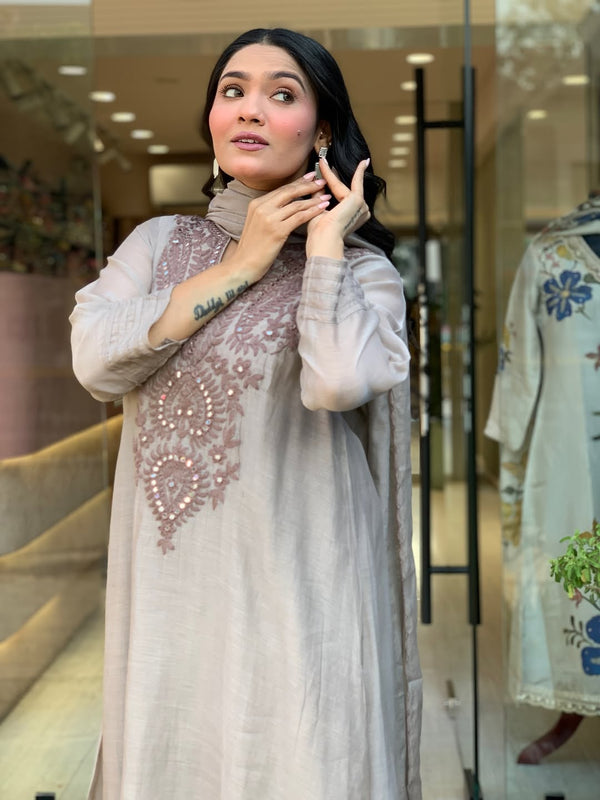 Women's Muslin Cotton Embroidered Flared Kurta Pant & Dupatta Set
