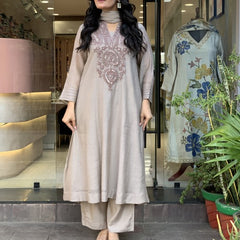 Women's Muslin Cotton Embroidered Flared Kurta Pant & Dupatta Set