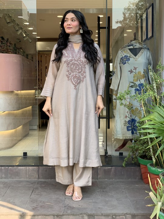 Women's Muslin Cotton Embroidered Flared Kurta Pant & Dupatta Set