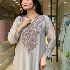 Women's Muslin Cotton Embroidered Flared Kurta Pant & Dupatta Set
