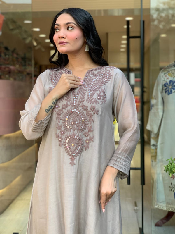 Women's Muslin Cotton Embroidered Flared Kurta Pant & Dupatta Set