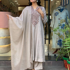 Women's Muslin Cotton Embroidered Flared Kurta Pant & Dupatta Set