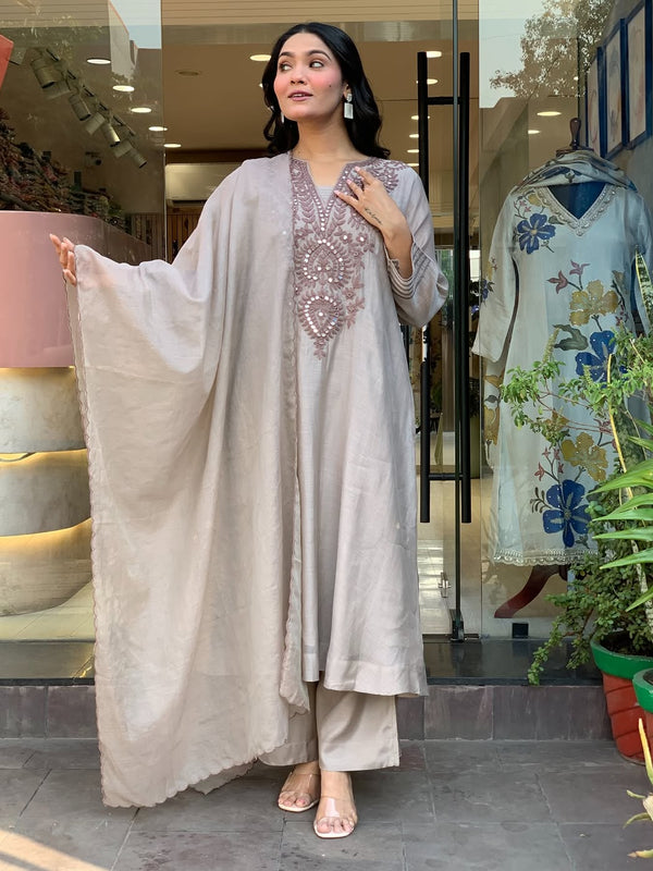 Women's Muslin Cotton Embroidered Flared Kurta Pant & Dupatta Set
