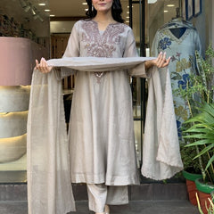 Women's Muslin Cotton Embroidered Flared Kurta Pant & Dupatta Set