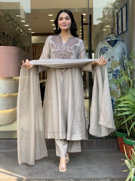 Women's Muslin Cotton Embroidered Flared Kurta Pant & Dupatta Set