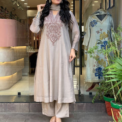 Women's Muslin Cotton Embroidered Flared Kurta Pant & Dupatta Set