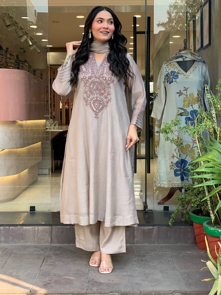 Women's Muslin Cotton Embroidered Flared Kurta Pant & Dupatta Set