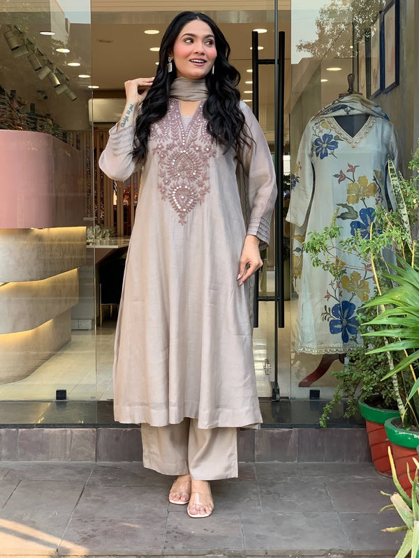 Women's Muslin Cotton Embroidered Flared Kurta Pant & Dupatta Set
