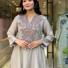 Women's Muslin Cotton Embroidered Flared Kurta Pant & Dupatta Set
