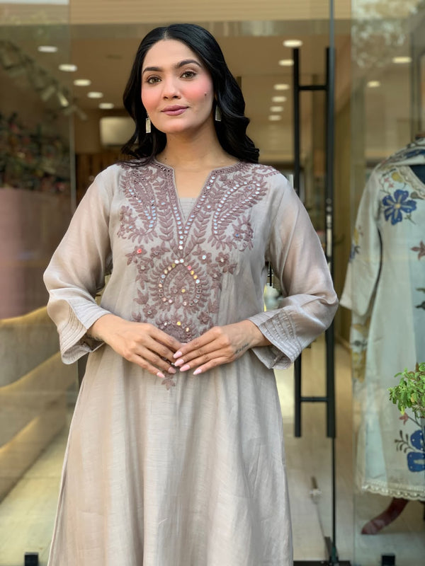 Women's Muslin Cotton Embroidered Flared Kurta Pant & Dupatta Set