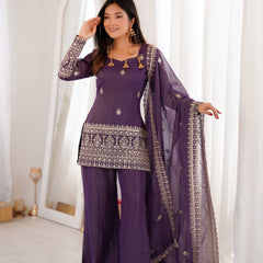 Women's Embroidered Crunchy Silk Short Kurta With Palazzo &  Dupatta Set