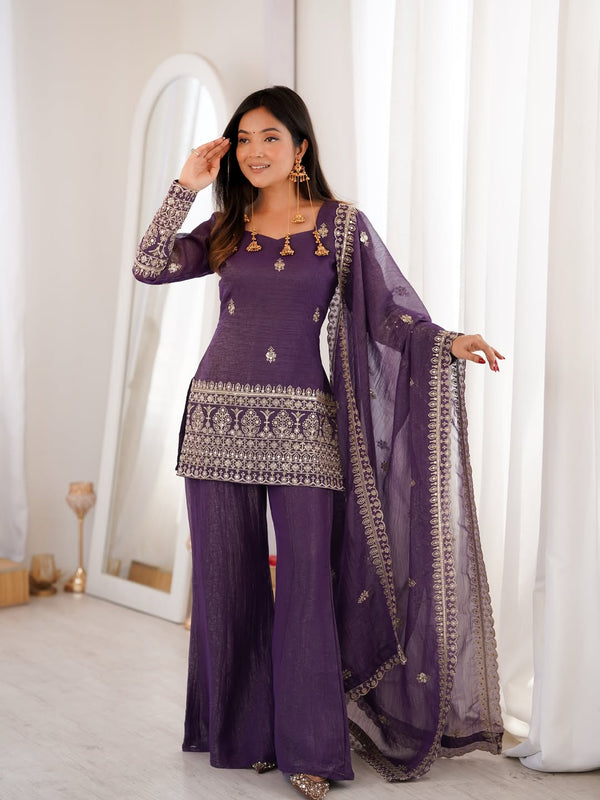 Women's Embroidered Crunchy Silk Short Kurta With Palazzo &  Dupatta Set